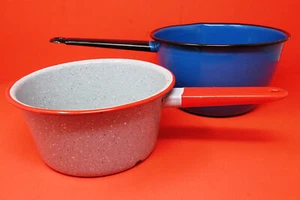 2 pc Enamelware Sauce Pots Pans Speckled Grey Blue Farmhouse Decor Camping GUC - Imagen 1 de 11