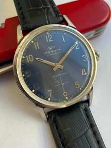 Vintage RARE BEAUTIFUL MEN WATCH PRYNGEPS 17 RUBIS AS 1130 BLUE DIAL ALL STEEL - Picture 1 of 10