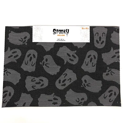 SPOOKY HOLLOW Dinner Placemats 4 Pack Ghost Print Halloween Black White 19"x13" - Image 1 of 4