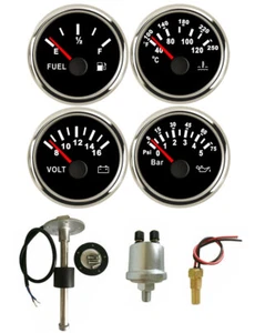 4 Gauge Set With Sender Fuel Gauge Oil Volt Water Temp 52mm/2inch Black 12V/24V - Picture 1 of 8