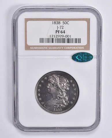 PF64 1838 Capped Bust Half Dollar J-72 CAC NGC *1539 Cover