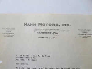 1947 Hahn Fire Aparatus Truck Letter Letterhead Document  - Picture 1 of 5