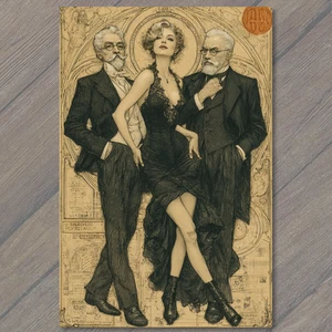 Elegante vestido de encaje vintage con estampado artístico de bailarina burlesca dos caballeros tonos sepia - Imagen 1 de 1
