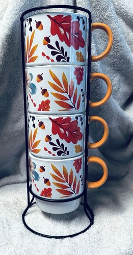 Set of 4 Fall Autumn Stacking Mugs &Metal Rack Orange Floral Leaf Acorn ...