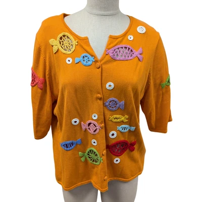 Suéter vintage 2002 Michael Simon New York bordado naranja pescado XL Foto 1 de 4