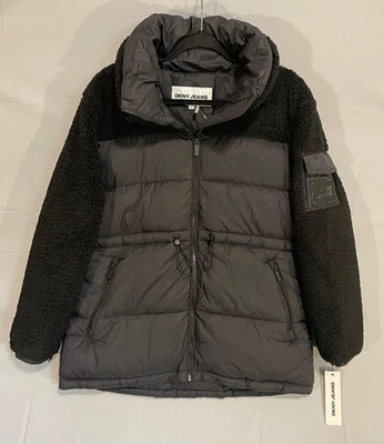 DKNY JEANS NUEVO CON ETIQUETAS Mujer Talla M Chaqueta Puffer/Sherpa Exterior Shell Cremallera Completa Negra Foto 1 de 4
