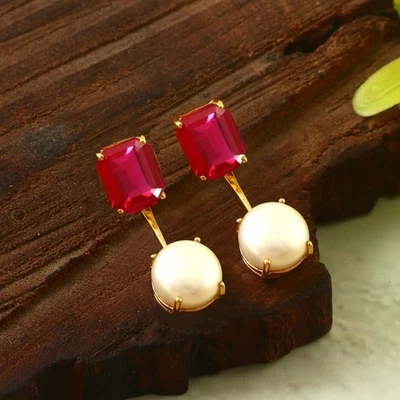 Orecchini A Perno In Rubino E Perla: Argento 925 Placcato Oro, Fatto A Mano - Immagine 1 di 4