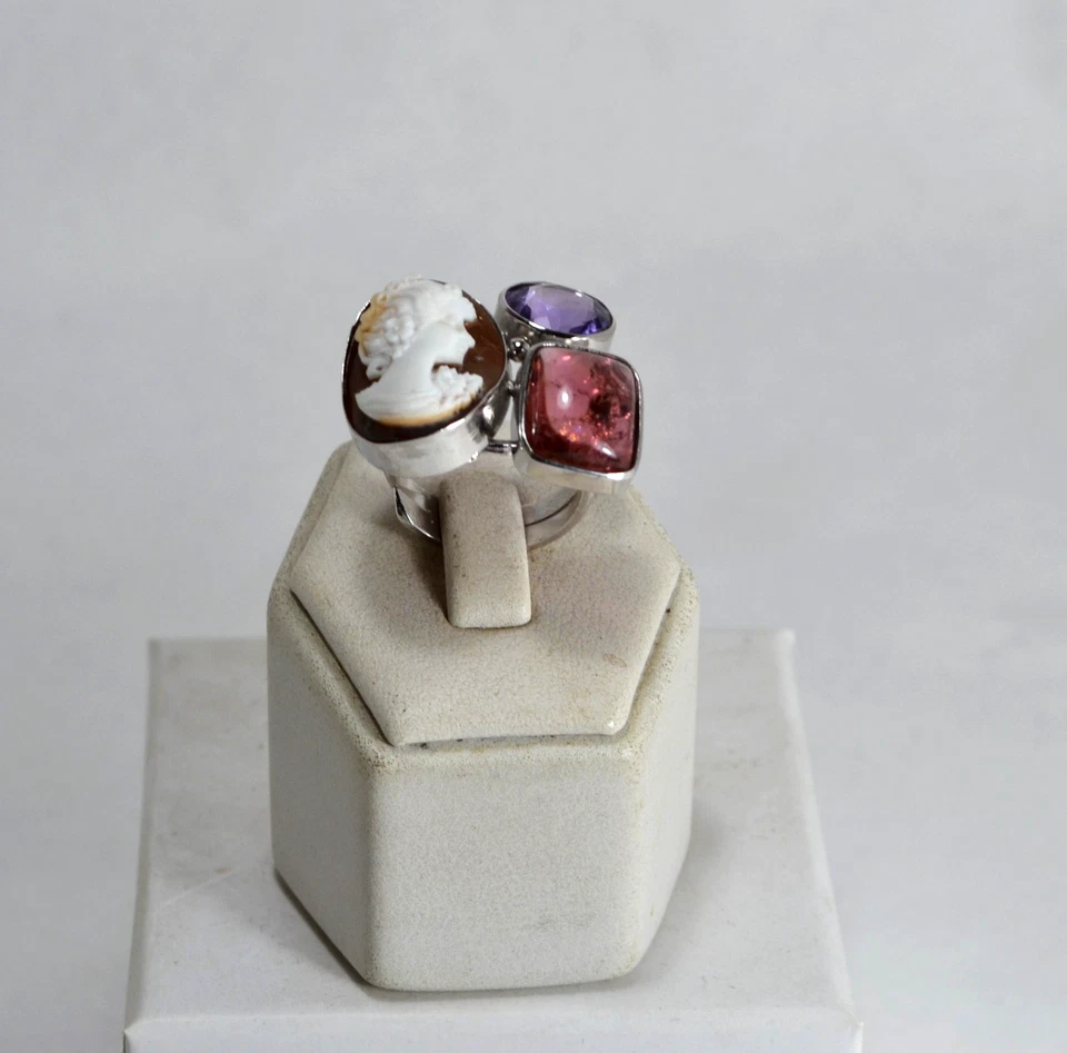 ANELLO ARGENTO 925 CAMMEO SARDONICO TORMALINA  AMETISTA  REGOLABILE    AGNK 0111 - Immagine 1 di 3