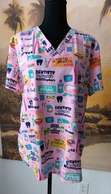 Cherokee Dental Dentist Scrub Work Top Pink Size Large V-Neck, Short Sleeves - Image 1 of 4