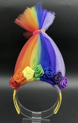 Rainbow Troll with Handmade Satin Rose Headband Rainbow Headband Rainbow Crown - Image 1 of 4