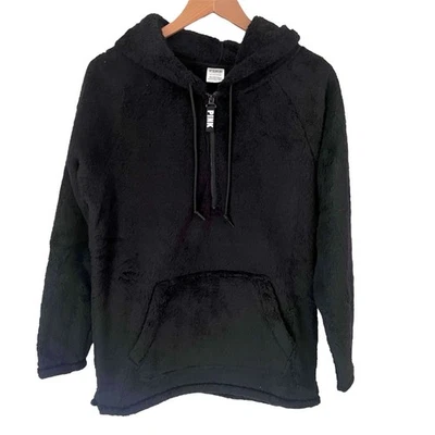 PINK Victoria's Secret Black Fleece Pullover Half Zip Hoodie Cozy Oversized fit - Image 1 of 4