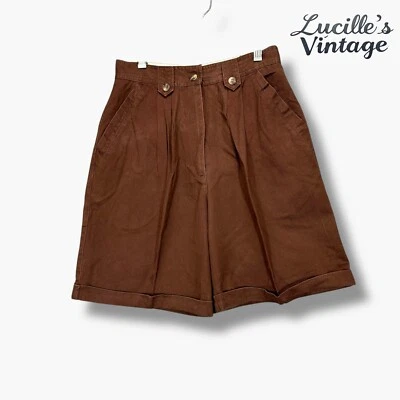 复古女式 5/6 码打褶高腰 100% 棉斜纹短裤旧钱棕色 — 第 1/4 张图片