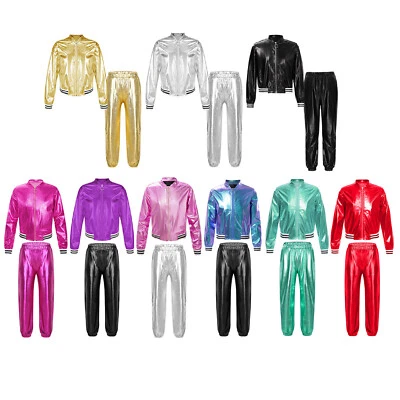 Kids Girls Shiny Metallic Tracksuits Jacket with Pants Set Hip Hop Street Dance - Image 1 of 2
