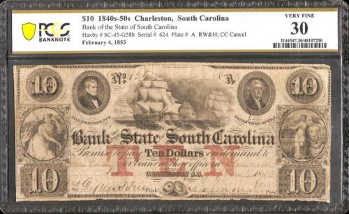 1853 $10 Bill South Carolina Bank Note Large Currency Big Paper Money Pcgs 30