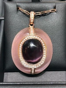 18k Rose Gold Sterling Silver White Sapphire Pink Cat Eye Halo Bold Pendant Gift - Picture 1 of 5