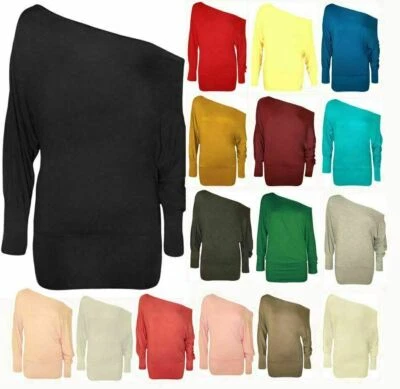 Womens Long Sleeves Top Ladies Off Shoulder Shirt Plain Casual Baggy Top UK 8-26