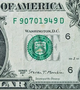 2017 A $1 bill fancy serial, birthday date note, 90701949, Sept 07, 1949 - Picture 1 of 3