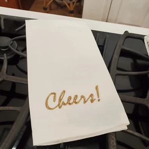 CHEERS! Pottery Barn Cotton White Dish Hand Towel Gold Embroidery 20" x 30" - Picture 1 of 24