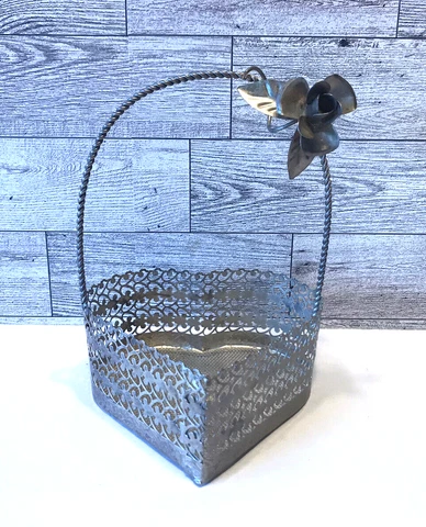 Vintage Heart Shaped Metal Wire Filigree Ornate Basket w/Handle Cover