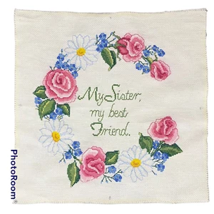 Hand Embroidered Pillow Cover Face Front Frameable Art Decor Sister Cross Stitch - Picture 1 of 8