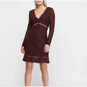 Express size medium plum purple scalloped v-neck lace Bodycon dress stretchy - Picture 1 of 8