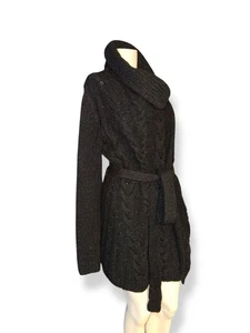 VINCE Maglione Cardigan Lana Yak Nero Maglia a Cavo, con Cintura Tg M - Foto 1 di 12