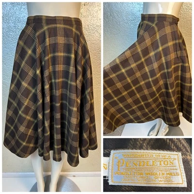 复古 20 世纪 70 年代女士 PENDLETON 棕色绿色羊毛格子圆裙 XS — 第 1/4 张图片
