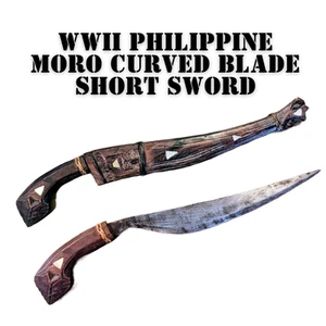 Original US WWII Bring Back Philippine Moro Curved Blade Short Sword w/Scabbard - Picture 1 of 8