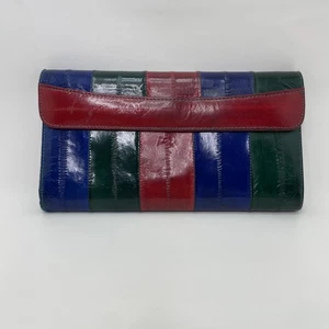 Vintage Women’s Eel Skin Envelope Wallet Red Blue Green Snap Zipper Pockets - Picture 1 of 12