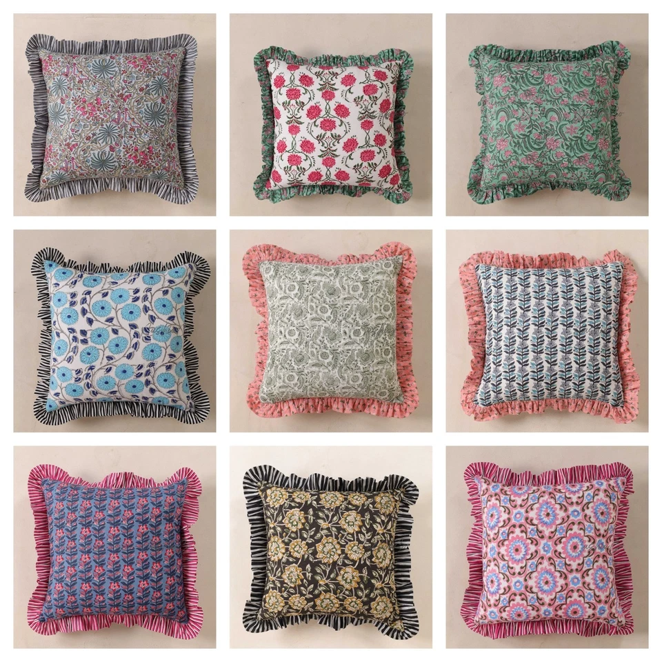 Almohadas decorativas de sofá boho de algodón con estampado de bloques hechas a mano, lote surtido funda de cojín Foto 1 de 4