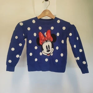 Disney Girls GAP Blue White Polkadot Minnie Mouse Sweater Sequins Bow Medium 8-9 - Picture 1 of 5