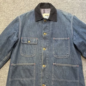 Vintage Sears Chore Jacket Men Medium Blue Denim Wool Lined Barn Distressed Coat - Picture 1 of 15