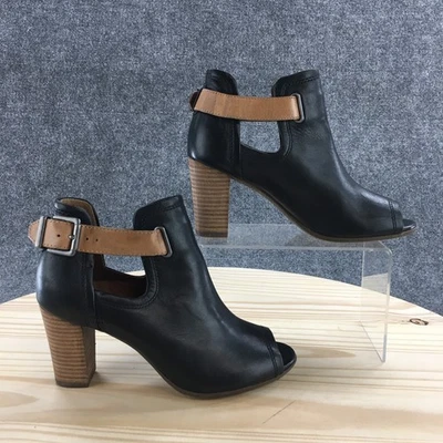 Clarks Artisan Boots Womens 7 M Ankle Bootie Black Leather Peep Toe Block Heels - Image 1 of 4