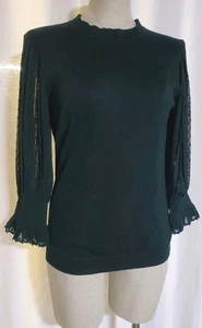 Adrianna Papell Green Knit Sweater Top w Chiffon Swiss Dot Balloon Sleeves S - Picture 1 of 4