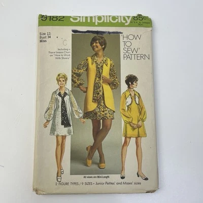 Mini Dress Size 12  CUT Vtg 70s Pattern 9182 Vest Bolero V Neck Collar Scarf - Image 1 of 2