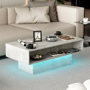 Modern High Glossy Farmhouse Grey Coffee Table with Storage 16 Colors LED Lights - Picture 1 of 12