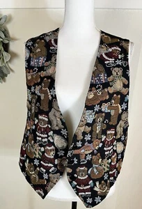 Vintage Christmas Vest Tapestry Facets by Mirrors Large Womens Brown Teddy Bears - Picture 1 of 11