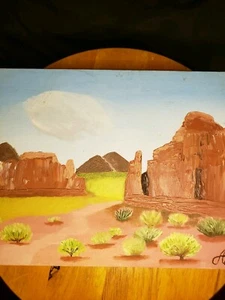 Southwest Desert Scene Vintage Oil On Canvas 1990 Signed Folk Art Mountains 8x10 - Picture 1 of 12