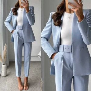 Dressy Women's Suit Sky Blue Suit Fashion Two-piece Set Business Casual - Picture 1 of 17
