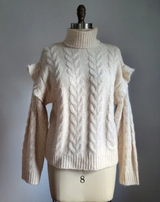 JOE'S JEANS SUÉTER CUELLO ALTO TEJIDO CON CABLE CREMA MEZCLA LANA con VOLANTES NUEVO CON ETIQUETAS Talla S Foto 1 de 3