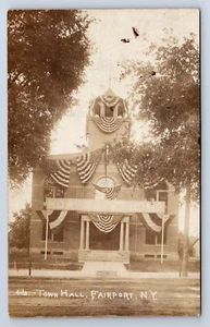 Vintage RPPC Fairport NY Town Hall Decorated with Patriotic American Flags T23 - Picture 1 of 2
