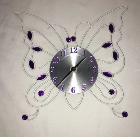White Metal Wire Butterfly Clock 9" x 9" w/ Purple Numerals Stones EC! Cover