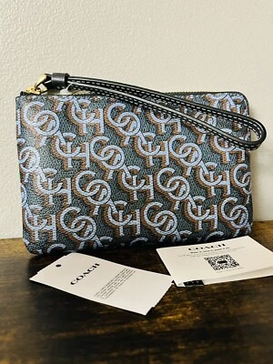 Coach Monogram Print Corner Zip Wristlet in Navy​​​​​​​​ NWT - Image 1 of 3
