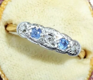Art Deco Ring 18 kt Gold Ceylon Saphir & Diamant Eternity 5 Steine, Größe O - Bild 1 von 12