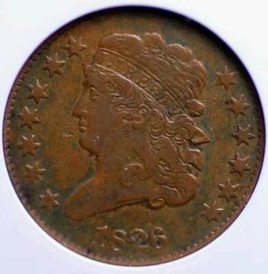 1826 CLASSIC HEAD HALF CENT OLD SMALL WHITE ANACS VERY FINE 30 QUITE APPEALING - Image 1 of 4