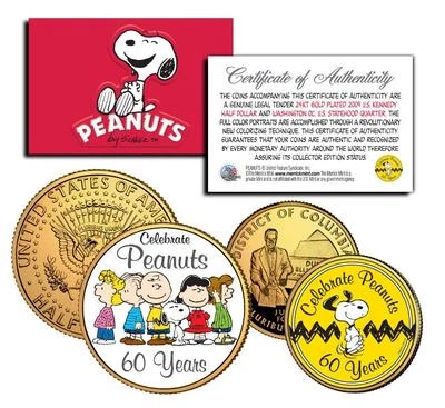 PEANUTS CHARLIE BROWN *60 YEARS* 24K Gold U.S Legal Tender 2-Coin Set *Licensed* - Image 1 of 2