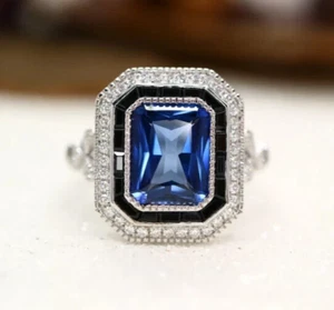 Gorgeous Fine Blue Sapphire, Black Onyx & White Cubic Zirconia Double Halo Ring - Picture 1 of 12