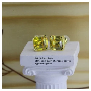 Par de aretes de circonita cúbica con corte princesa Asscher amarillo 925 plata oro 14K de 6,02 quilates ~ 8 m - Imagen 1 de 1