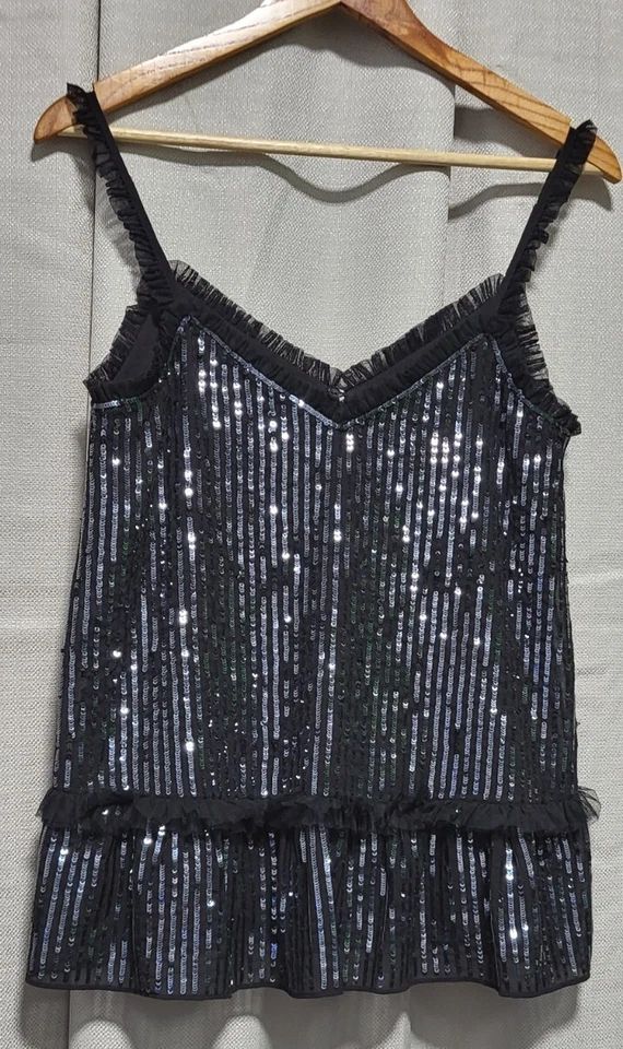 NEEDLE & THREAD Gloss Sequin Cami Top with Ruffle Trim Black XS - VGC - Image 1 of 4