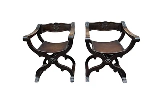 Pair of chairs with backrest, Savonarola style, XIX century - Picture 1 of 6